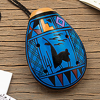 Ceramic ocarina, 'Blue Wind' - Ceramic Ocarina with Llama Motif Handcrafted in Peru