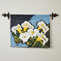 Wool tapestry, 'Arum Lilies Bouquet' - Handmade Floral Wall Hanging Tapestry