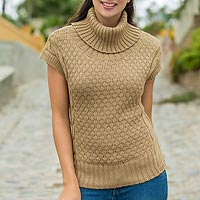 Alpaca blend short-sleeve sweater, 'Icas Coquette' - Sand Beige Alpaca Blend Turtleneck Sweater