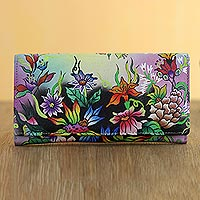 Hand painted leather wallet, 'Floral Obsession' - Hand Made Leather Floral Wallet from India