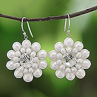 Pearl flower earrings, 'White Chrysanthemum' - Handcrafted Pearl Flower Earrings from Thailand