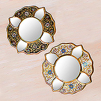 Reverse painted glass mirrors, 'Floral Duo' (set of 2) - Set of 2 Collectible Petite Reverse Painted Glass Mirrors