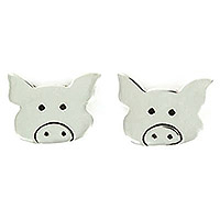 Sterling silver stud earrings, 'Precious Porcine' - Sterling Silver Pig Stud Earrings from Mexico