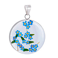 Resin pendant, 'Forget-Me-Not Flair' - Real Forget-Me-Not Flower Sterling Silver Resin Pendant