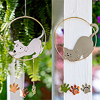 Mixed metal wind chime, 'Playful Pet' - Handmade Cat or Dog Metal Wind Chime from Mexico