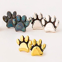 Sterling silver and brass stud earrings, 'All Over Paws' (set of 3) - Set of 3 Paw Print Stud Earrings from Mexico