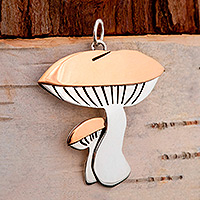 Sterling silver and copper pendant, 'Mushroom Duo' - Sterling Silver and Copper Mushroom Fungi Pendant