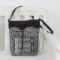 Leather accent cotton blend sling bag, 'Sophisticated Journey' - Leather Accent Cotton Blend Sling in Black and White