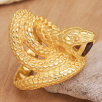 Gold-plated garnet cocktail ring, 'Golden Cobra Queen' - 18k Gold-Plated Snake Cocktail Ring with Garnet Stone