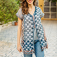 Block-printed cotton blend tunic, 'Desert Mirage' - Block-Printed Cotton and Silk Blend Tunic
