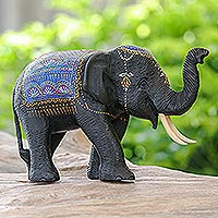 Wood sculpture, 'Blue Wealth' - Thai Hand-Carved Elephant Sculpture with Blue Tones