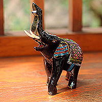 Lacquered wood figurine, 'Happy Elephant' - Artisan Crafted Wood Elephant Sculpture