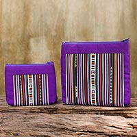 Cotton blend cosmetic bags, 'Exotic Lisu in Purple' (pair) - Purple and Multicolor Cosmetic Travel Bags (pair)