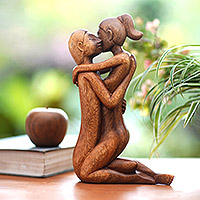 Wood sculpture, 'I Miss You' - Polished Hand-Carved Suar Wood Sculpture of a Couple