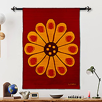 Wool tapestry, 'Andean Sunflower' - Wool Tapestry Red Wall Hanging