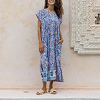 Cotton maxi dress, 'Bloom Lagoon' - Blue and Turquoise Floral Cotton Empire Waist Maxi Dress