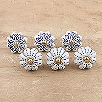 Decorative ceramic knobs, 'Bright Kitchen' (set of 6) - Artisan Crafted Ceramic Knobs from India (Set of 6)