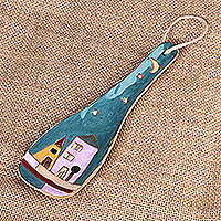 Ceramic spoon rest, 'Teal Metropolis' - Handcrafted Teal Ceramic Spoon Rest in a Glazed Finish