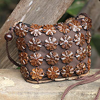 Coconut shell shoulder bag, 'Petite Brown Daisies' - Unique Floral Coconut Shell Shoulder Bag from Thailand
