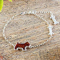 Amber pendant bracelet, 'Feeding Fido' - Amber Dog Pendant on Sterling Silver Chain Bracelet