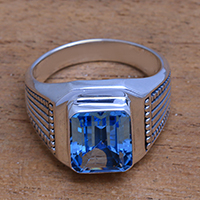 Men's blue topaz single-stone ring, 'Temple Glitter' - Men's Blue Topaz Single Stone Ring from Bali