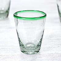 Blown glass juice glasses, 'Emerald Cone' (set of 6) - Hand Blown Juice Glasses Clear with Green Rim 9 Oz Mexico