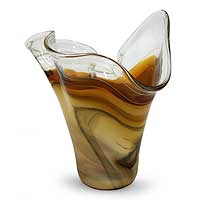 Handblown art glass vase, 'Amber Fan' - Artisan Crafted Murano Inspired Glass Vase