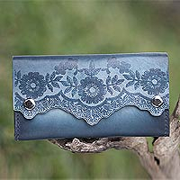 Leather clutch, 'Bali in Bloom' - Indonesian Blue Leather Clutch Wallet