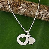 Sterling silver heart necklace, 'Soul Mates in the Moon' - Thai Double Heart Pendants on Sterling Silver Necklace
