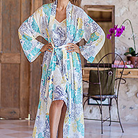 Cotton robe, 'Sweet Dreams' - Cotton Robe with Printed Floral Motifs and Aquamarine Piping