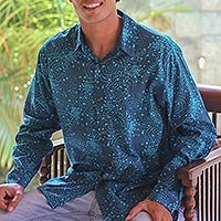 Men's cotton batik shirt, 'Turquoise Cosmos' - Men's Indonesian Batik Cotton Long Sleeve Shirt