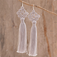Hand-tatted dangle earrings, 'Antique Details in Grey' - Hand-Tatted Grey Dangle Earrings from Guatemala