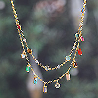 Gold-plated multi-gemstone charm strand necklace, 'Golden Spells' - 18k Gold-Plated Multi-Gemstone Charm Strand Necklace