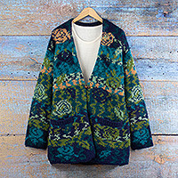 Alpaca blend cardigan, 'Blue Mosaics' - Alpaca Blend Knit Long-Sleeved Floral Cardigan in Blue