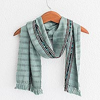 Cotton scarf, 'Forest Subtlety' - Handwoven Cotton Wrap Scarf in Celadon from Guatemala