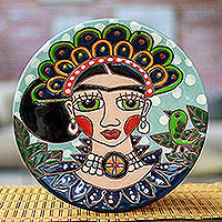 Ceramic wall art, 'Plumed Frida' - Ceramic Wall Art of Frida with a Headdress from Mexico