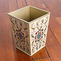 Reverse painted glass waste basket, 'Elegant Medallion' - Reverse Painted Glass Floral Wastebasket in Cream from Peru