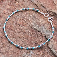 Sterling silver beaded bracelet, 'Petite Jewel in Blue-Green' - Sterling Silver and Karen Silver Beaded Bracelet