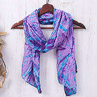 Tie-dyed silk scarf, 'Iris Emotions' - Tie-Dyed Iris and Teal Silk Scarf Handcrafted in Thailand