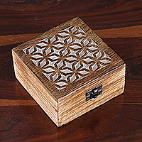 Wood decorative box, 'Floral Star Jali' - Hand-Carved Jali-Inspired Floral Star Wooden Decorative Box