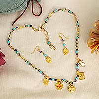 Gold-plated multi-gemstone beaded jewelry set, 'Blue Offerings' - Golden Day of the Dead-Themed Multi-Gemstone Jewelry Set