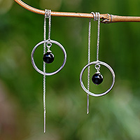 Onyx threader earrings, 'Soulful Rings' - Onyx and Sterling Silver Threader Earrings from Bali