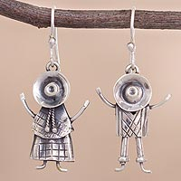 Sterling silver dangle earrings, 'Cuzco Love' - Sterling Silver Dangle Earrings of Andean People from Peru