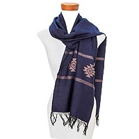 Cotton blend scarf, 'Fret Chic in Blue' - Blue and Beige Stepped-Fret Rhombus Motif Cotton Blend Scarf