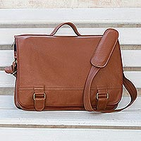 Leather laptop bag, 'Universal in Spice' (double) - Spice Brown Leather Laptop Bag from Brazil (Double)