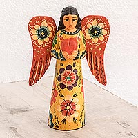 Wood sculpture, 'Offering Peace' - Floral Wood Angel Sculpture Holding a Heart from Guatemala