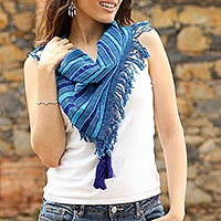 Cotton scarf, 'Between Ocean Waves' - Striped Cotton Scarf in Cerulean and Royal Blue from Mexico