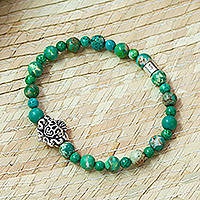 Reconstituted turquoise beaded stretch pendant bracelet, 'Beloved Agave' - Reconstituted Turquoise Heart Stretch Pendant Bracelet