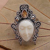 Citrine cocktail ring, 'Sleeping Princess' - Cow Bone and Citrine Cocktail Ring