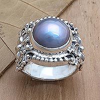 Cultured pearl cocktail ring, 'Soft Glow in Blue' - Blue Cultured Pearl and Sterling Silver Cocktail Ring